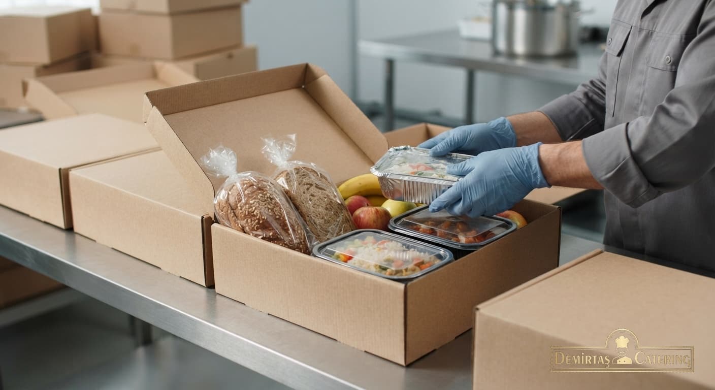 Dağıtım kutusuna ekmek, meyve ve yemek paketlenmesi